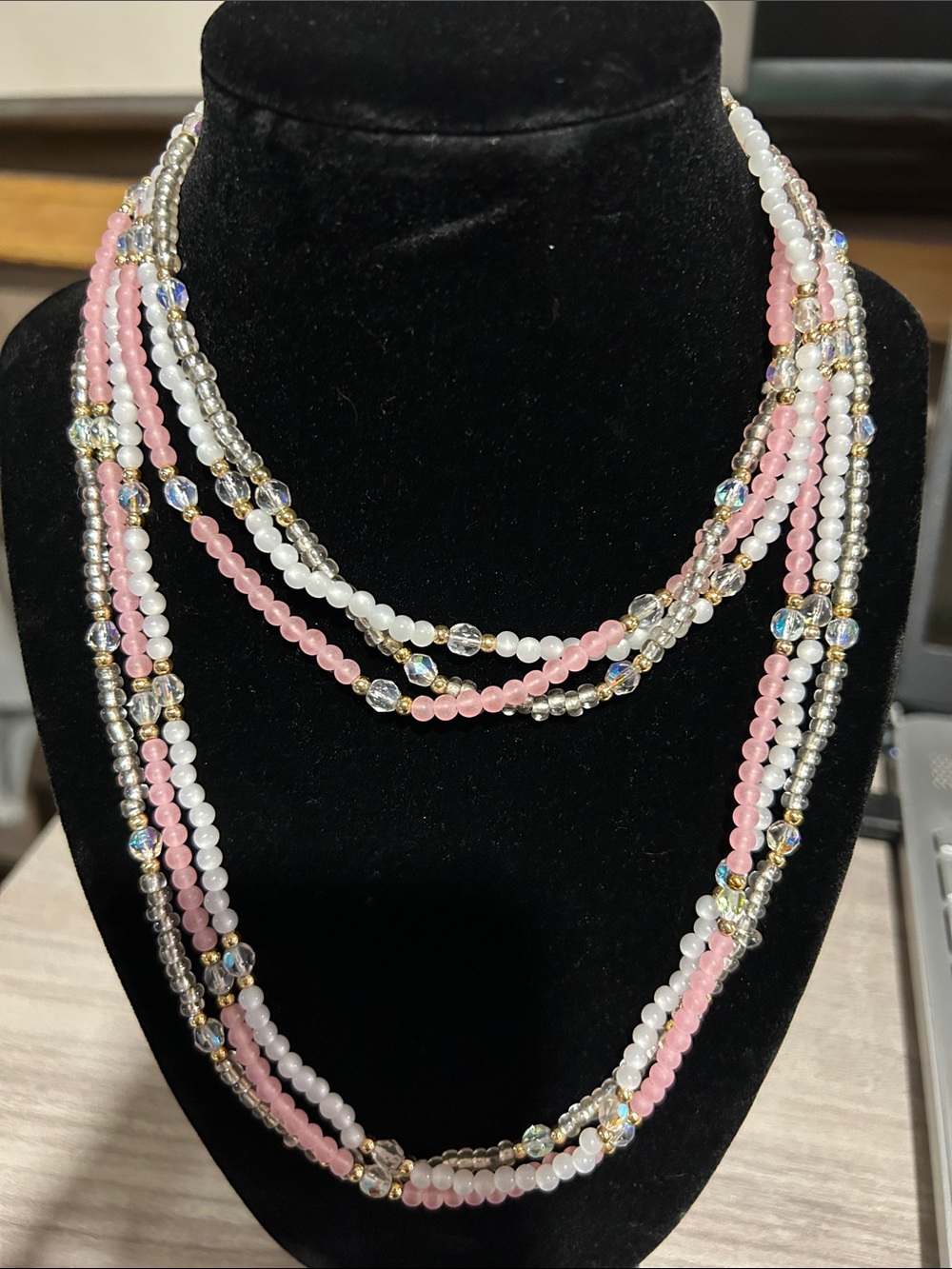 Multi-Strand Pink & White Beaded Necklace with Gold Accents